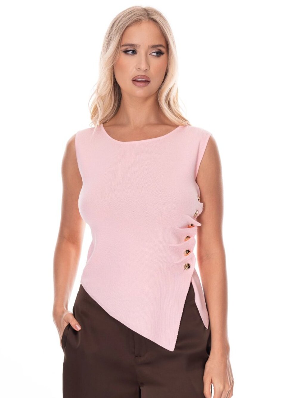 Sleeveless Pink Asymmetric Button-Detail Top